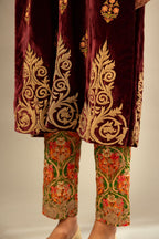 Marron silk velvet lined kurta set with light gold dori embroidery and contrast colored boota all-over the kurta.