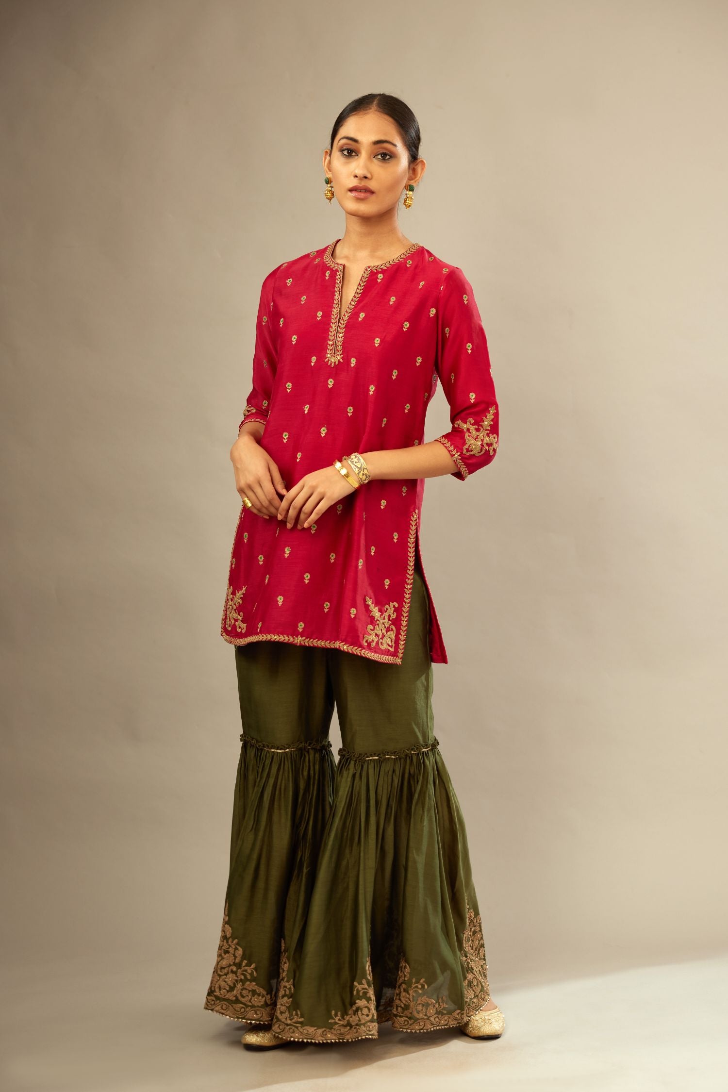 Fuchsia silk chanderi short kurta set with all-over silk thread jaal embroidery, detailed with gold dori embroidery.