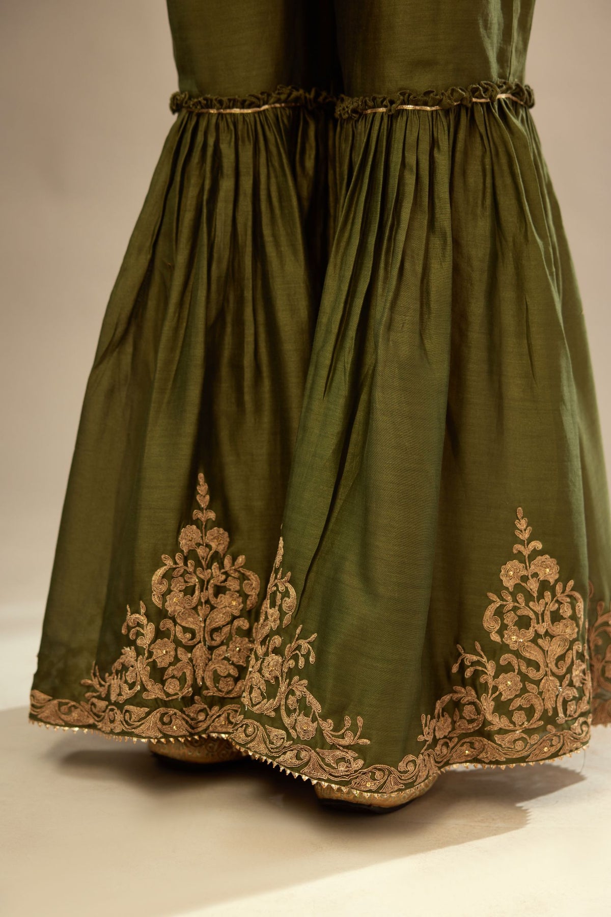 Fuchsia silk chanderi short kurta set with all-over silk thread jaal embroidery, detailed with gold dori embroidery.