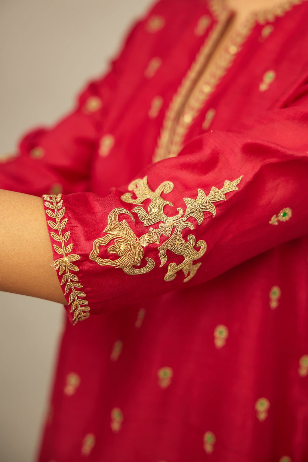 Fuchsia silk chanderi short kurta set with all-over silk thread jaal embroidery, detailed with gold dori embroidery.