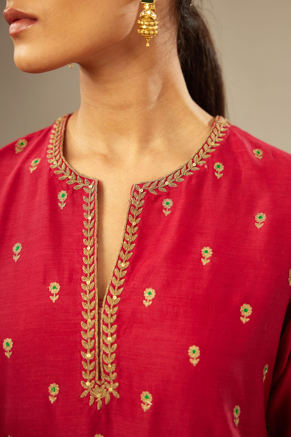 Fuchsia silk chanderi short kurta set with all-over silk thread jaal embroidery, detailed with gold dori embroidery.