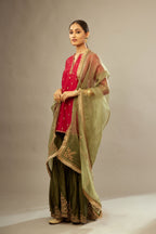 Fuchsia silk chanderi short kurta set with all-over silk thread jaal embroidery, detailed with gold dori embroidery.
