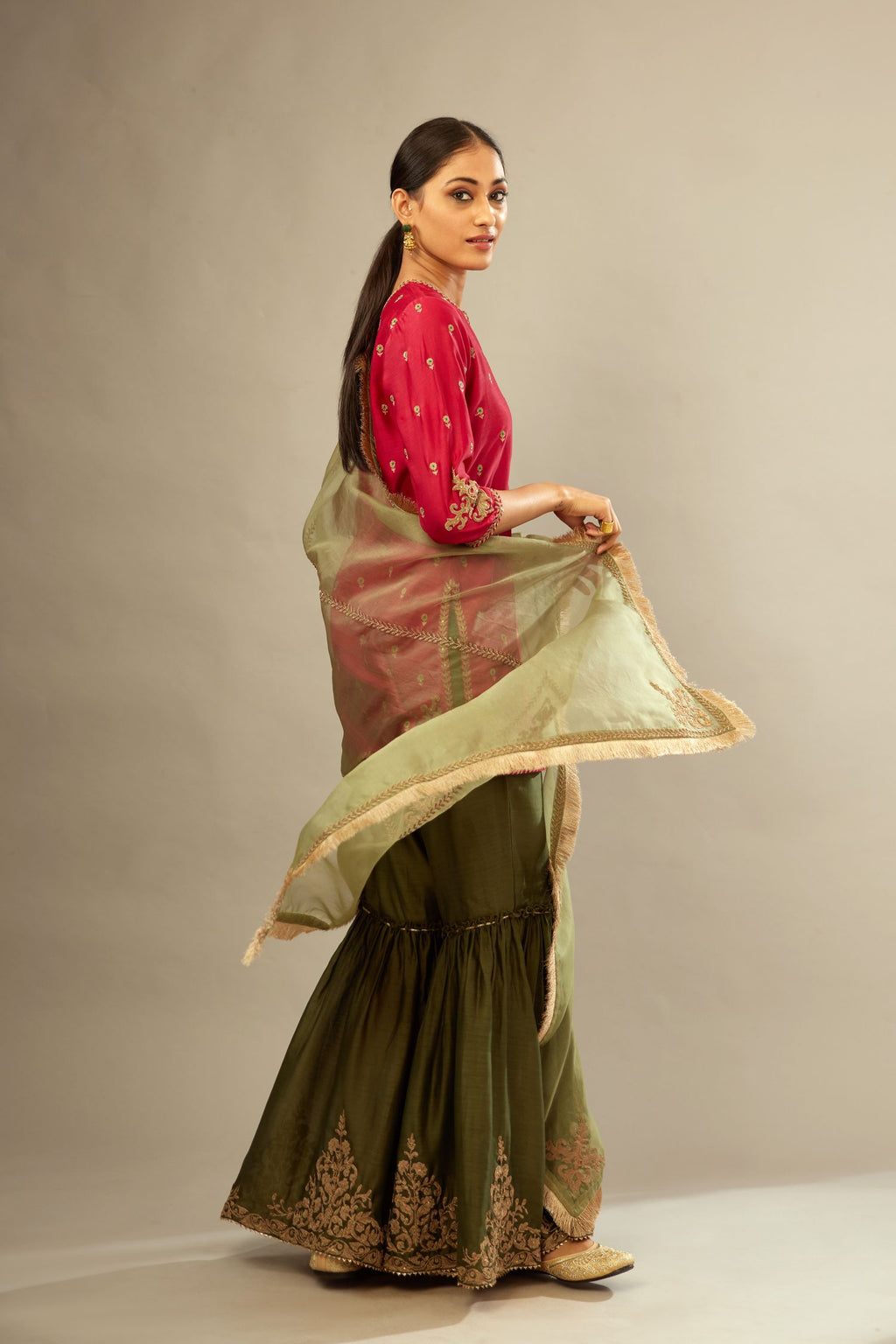 Fuchsia silk chanderi short kurta set with all-over silk thread jaal embroidery, detailed with gold dori embroidery.