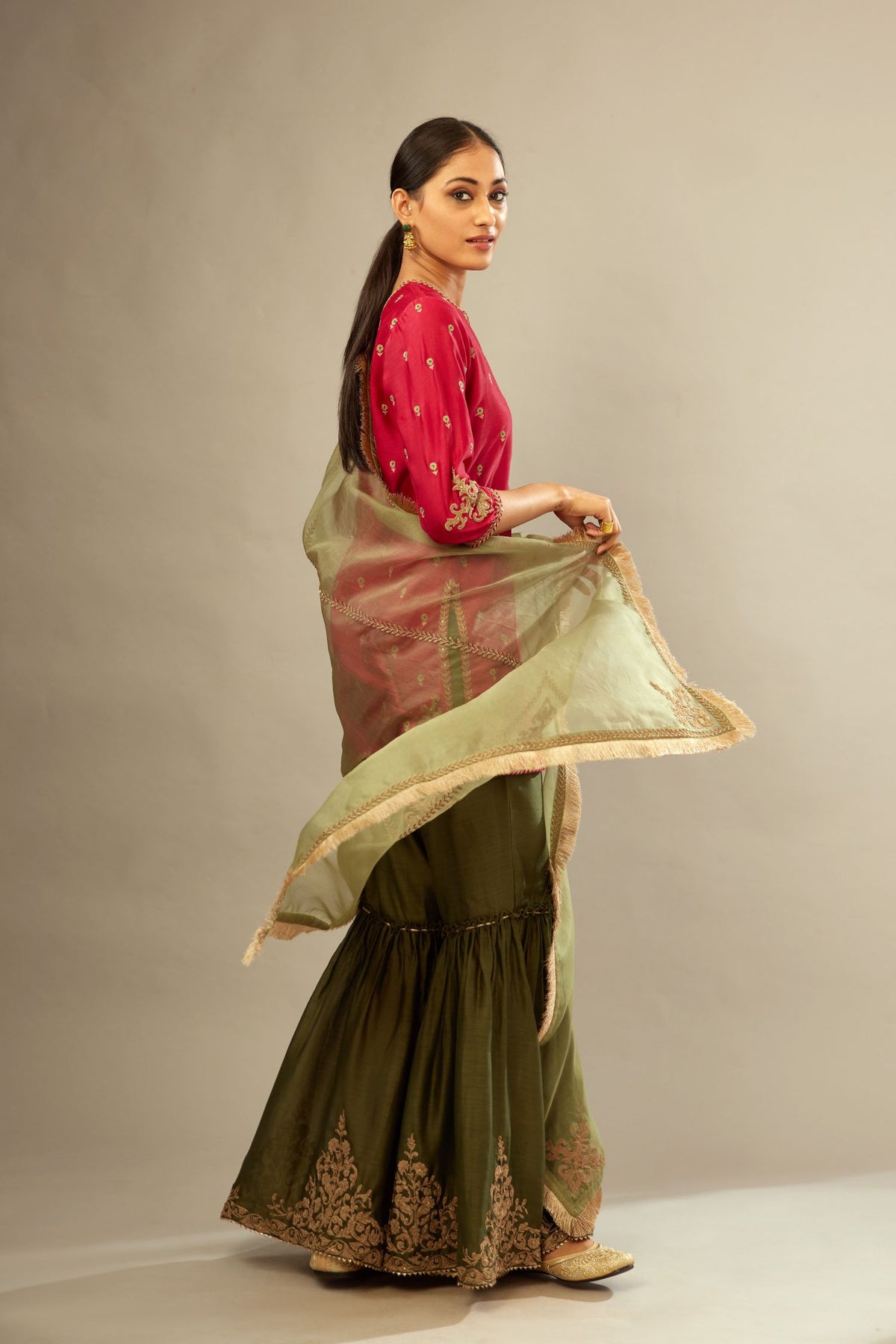 Fuchsia silk chanderi short kurta set with all-over silk thread jaal embroidery, detailed with gold dori embroidery.