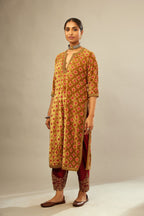 Mustard yellow silk velvet straight kurta set with full jaal silk thread embroidery. This kurta is detailed with zardosi farisha work.