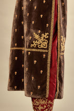 Grey silk velvet straight kurta set with all-over delicate zari embroidered bootis, detailed with dori embroidery border at all edges.