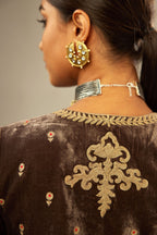 Grey silk velvet straight kurta set with all-over delicate zari embroidered bootis, detailed with dori embroidery border at all edges.