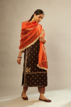Grey silk velvet straight kurta set with all-over delicate zari embroidered bootis, detailed with dori embroidery border at all edges.