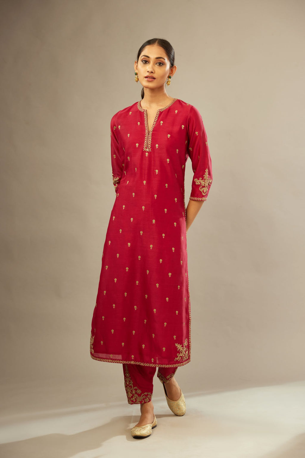 Fuchsia silk chanderi straight kurta set with gold dori embroidery, detailed with small aari embroidery buties all-over.