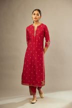 Fuchsia silk chanderi straight kurta set with gold dori embroidery, detailed with small aari embroidery buties all-over.