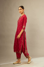 Fuchsia silk chanderi straight kurta set with gold dori embroidery, detailed with small aari embroidery buties all-over.