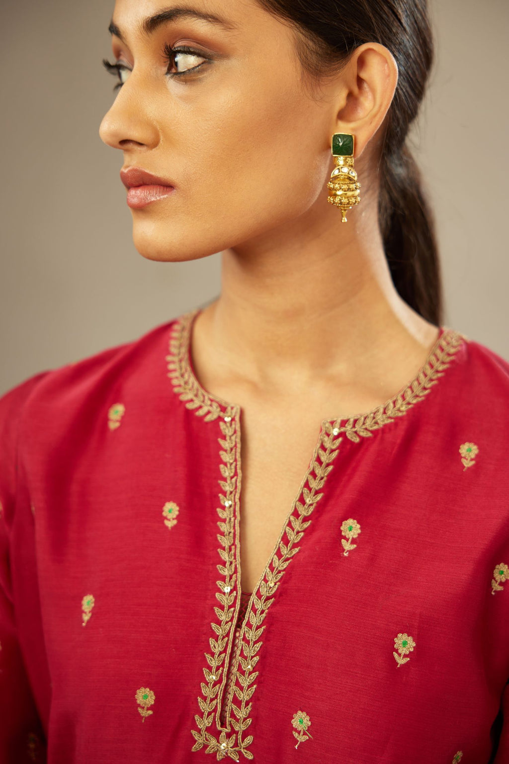 Fuchsia silk chanderi straight kurta set with gold dori embroidery, detailed with small aari embroidery buties all-over.