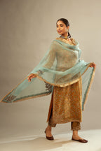 Light blue silk organza dupatta with light gold dori embroidered border and bootas at all four corners.