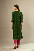 Green silk chanderi straight kurta set with gold dori embroidery, detailed with small aari embroidery buties all-over.