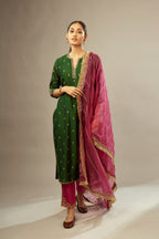 Green silk chanderi straight kurta set with gold dori embroidery, detailed with small aari embroidery buties all-over.