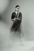 Green silk chanderi straight kurta set with gold dori embroidery, detailed with small aari embroidery buties all-over.