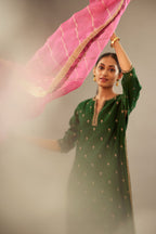 Green silk chanderi straight kurta set with gold dori embroidery, detailed with small aari embroidery buties all-over.