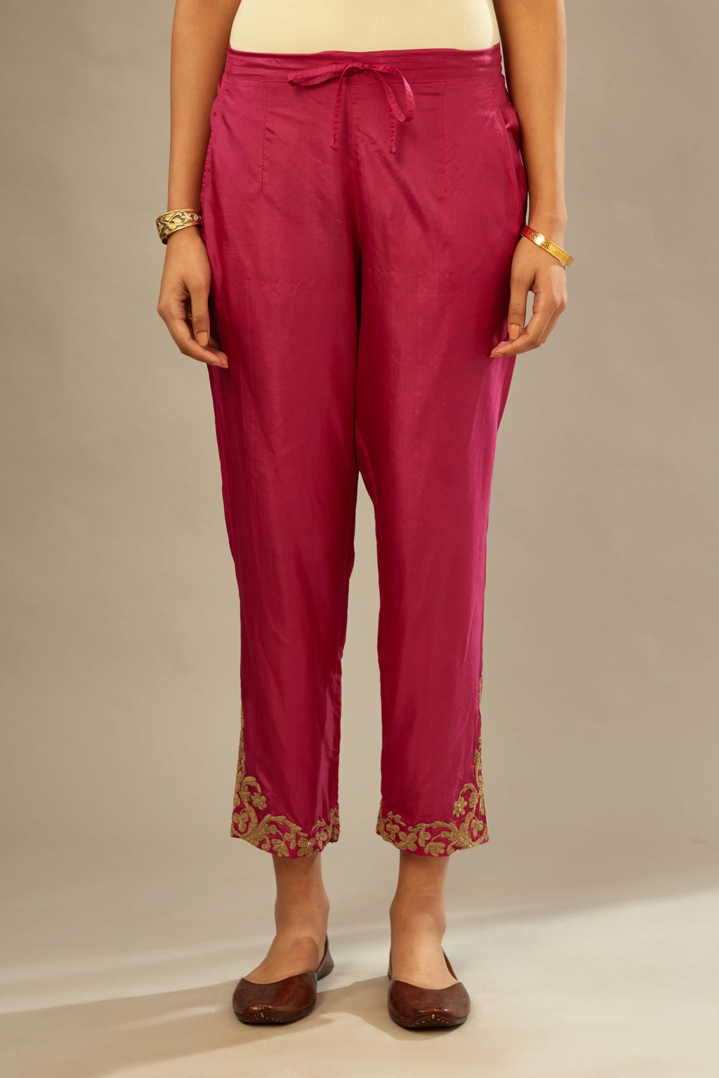 Jazzberry jam silk straight pants with dori embroidery at hem.
