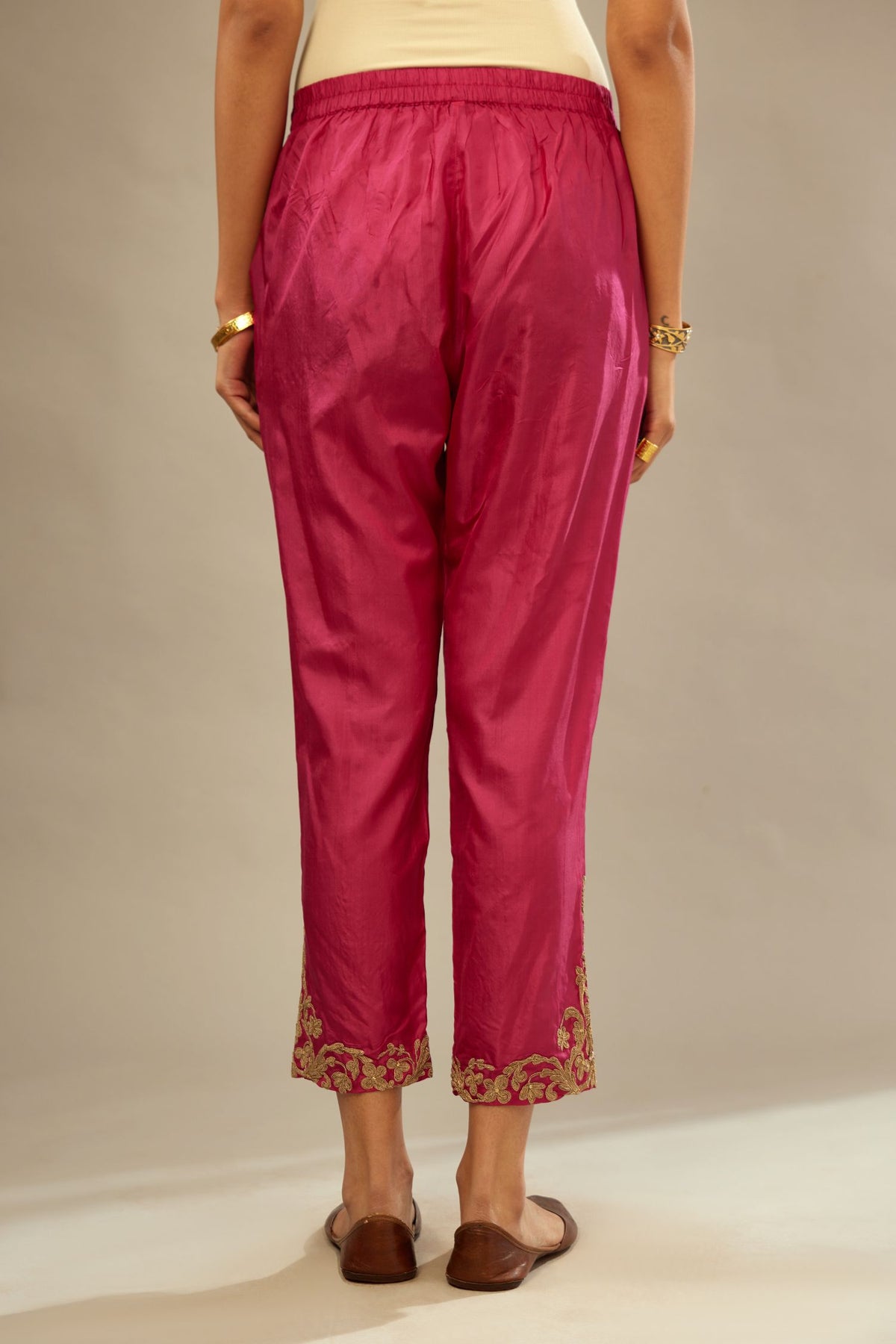 Jazzberry jam silk straight pants with dori embroidery at hem.