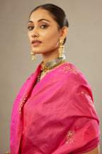 Raspberry silk saree set with hand embroidered delicate sequins floral butas all over.