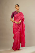 Raspberry silk saree set with hand embroidered delicate sequins floral butas all over.