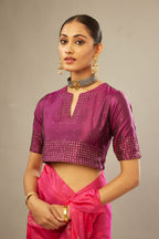 Raspberry silk saree set with hand embroidered delicate sequins floral butas all over.