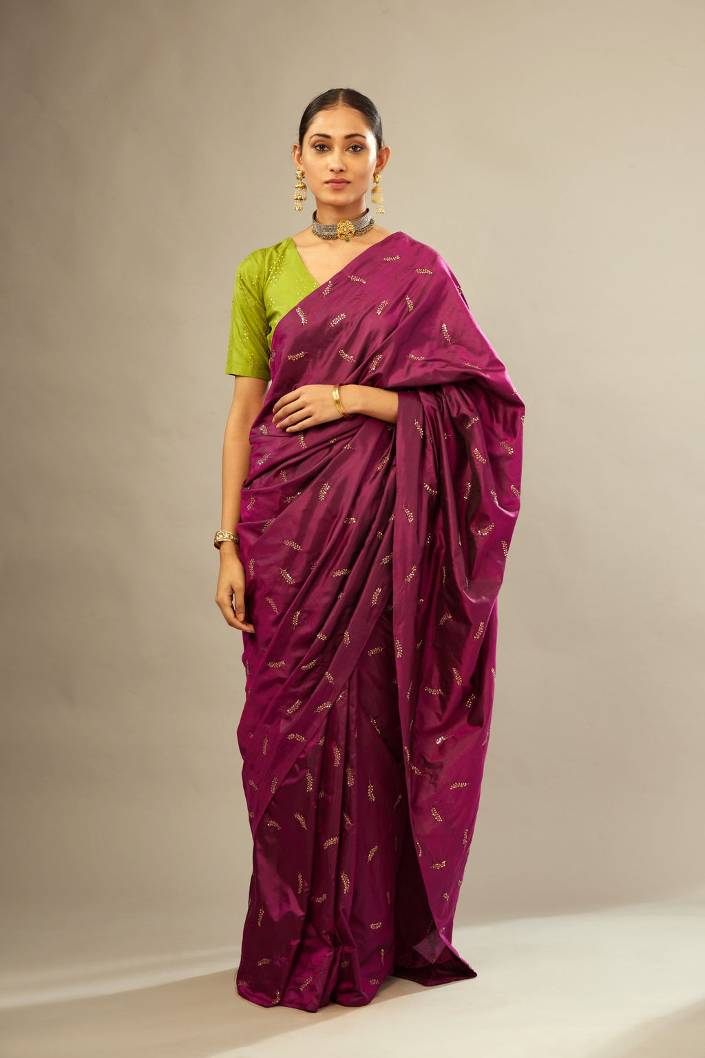 Sangria silk saree set with hand embroidered delicate sequined leaf motifs all over.