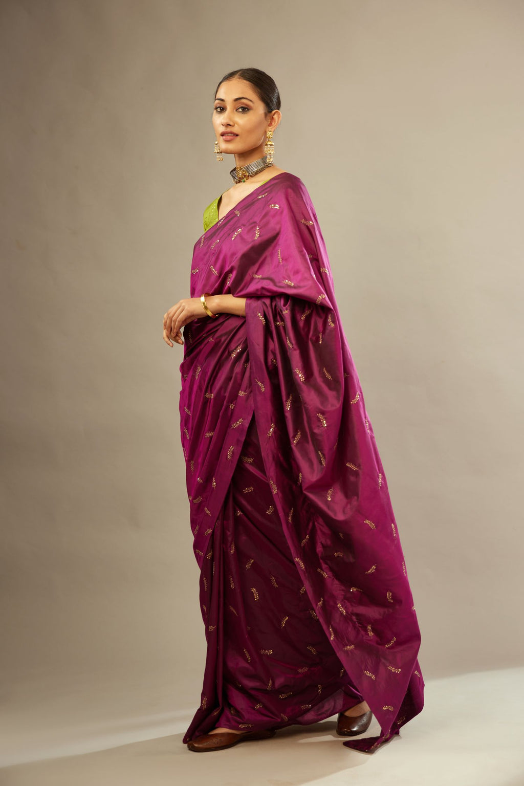 Sangria silk saree set with hand embroidered delicate sequined leaf motifs all over.