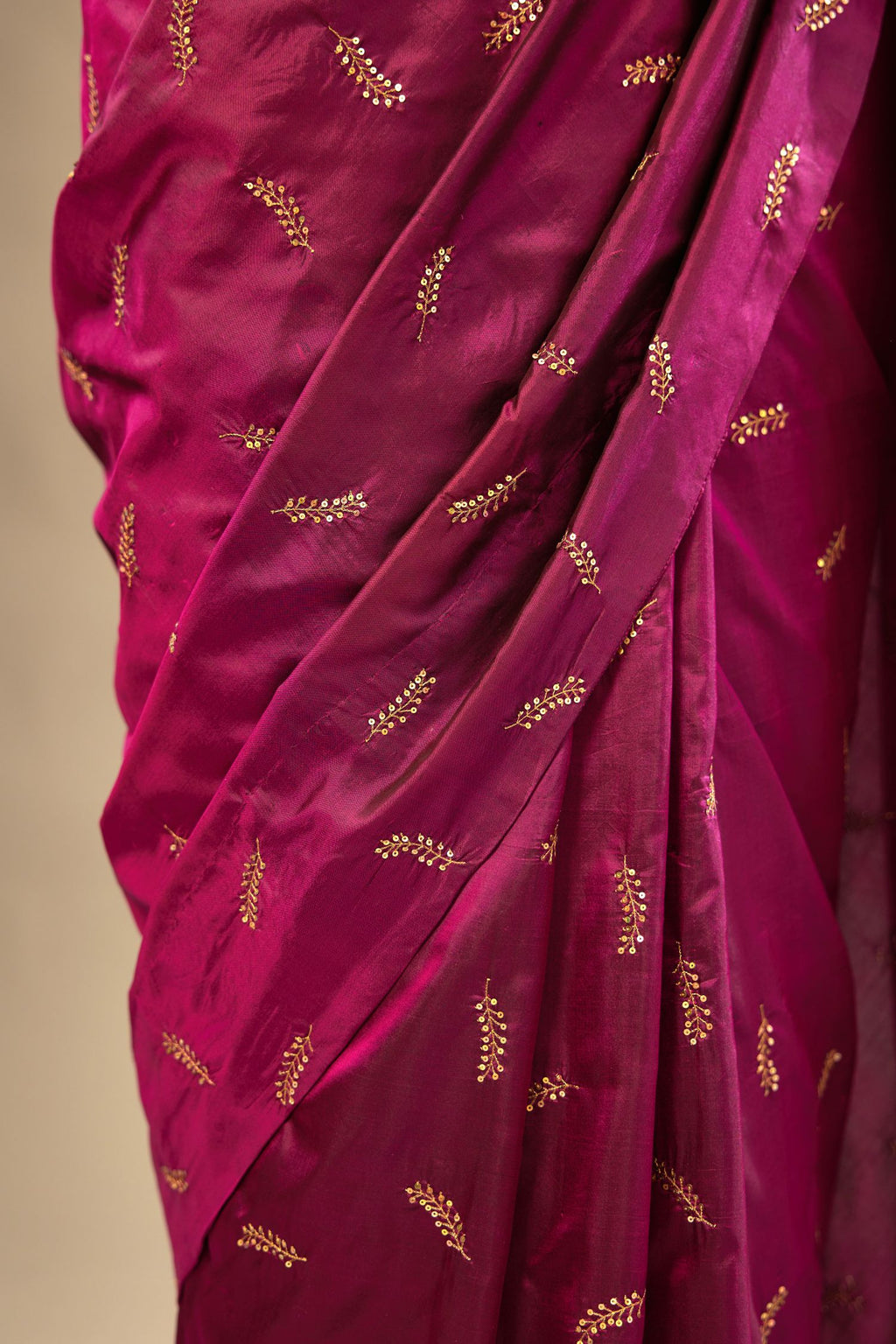 Sangria silk saree set with hand embroidered delicate sequined leaf motifs all over.