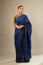 Navy blue silk saree set with all over hand embroidered geometric diamond motifs in sequins