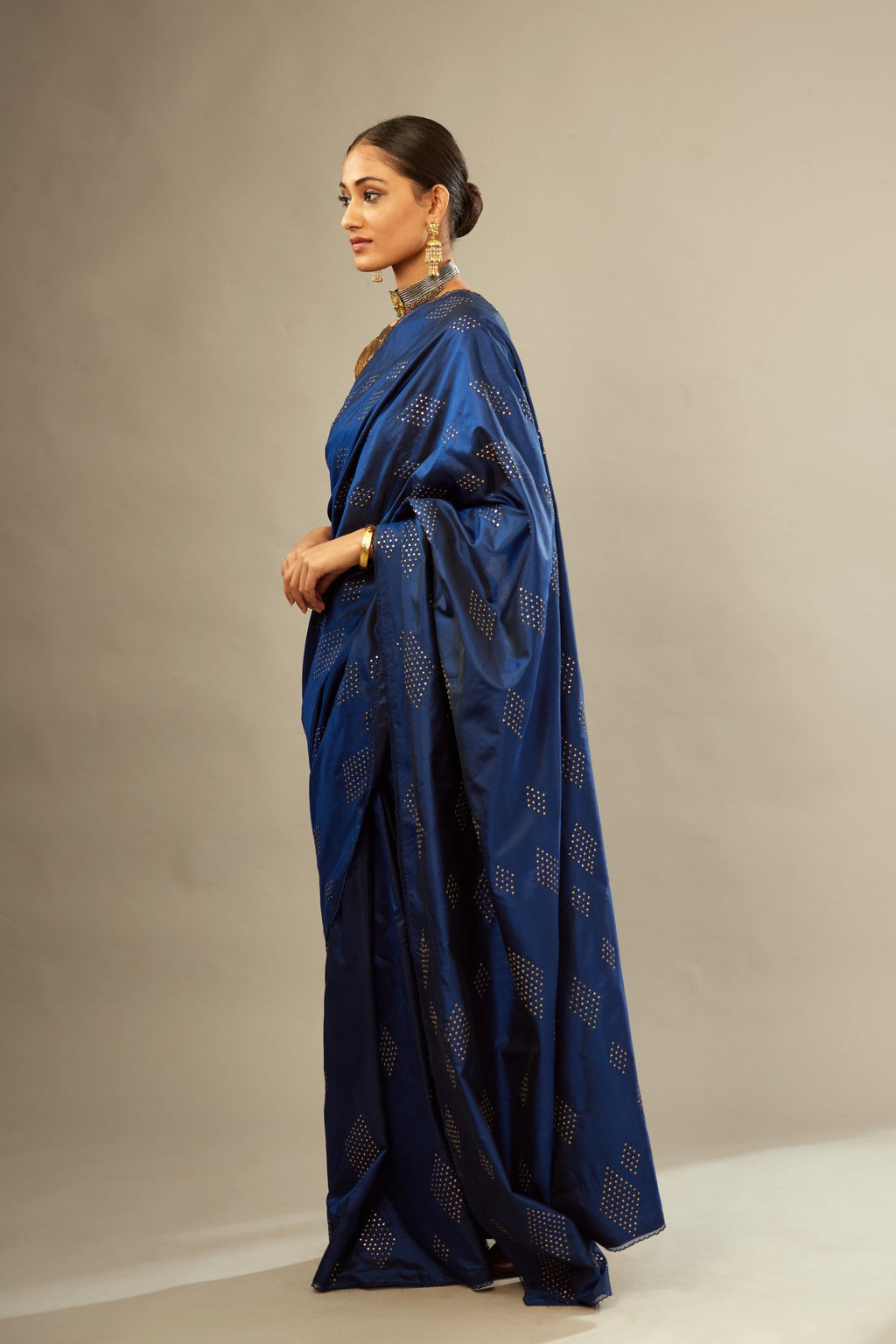 Navy blue silk saree set with all over hand embroidered geometric diamond motifs in sequins