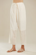 Off white cotton straight pants with striped appliqué till mid calf length. (Pants)