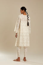 Off white short easy fit, straight hem kurta set with all-over trellis jaal appliqué, highlighted with sequins.