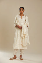 Off white straight kurta set with all-over cotton appliqué trellis jaal, highlighted with sequins.