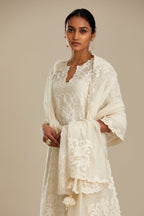 Off white straight kurta set with all-over cotton appliqué trellis jaal, highlighted with sequins.