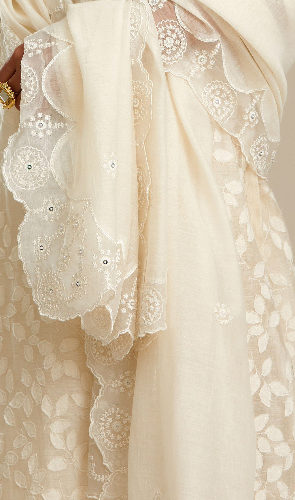 Off white silk chanderi dupatta with scalloped and embroidered edges. (Dupatta)