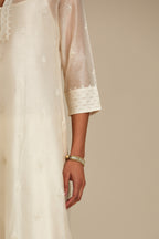 Silk chanderi straight kurta set, embroidered with tonal silk thread. Worn with a slip.
