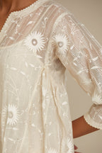 Off white cotton Chanderi kurta set with fagotting and an asymmetric hem, highlighted with silk thread floral jaal embroidery and sequins.