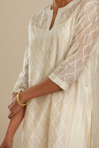 Off white silk chanderi straight kurta set with all over thread and zari jaal embroidery at central panel and striped trellis detail at kalis.
