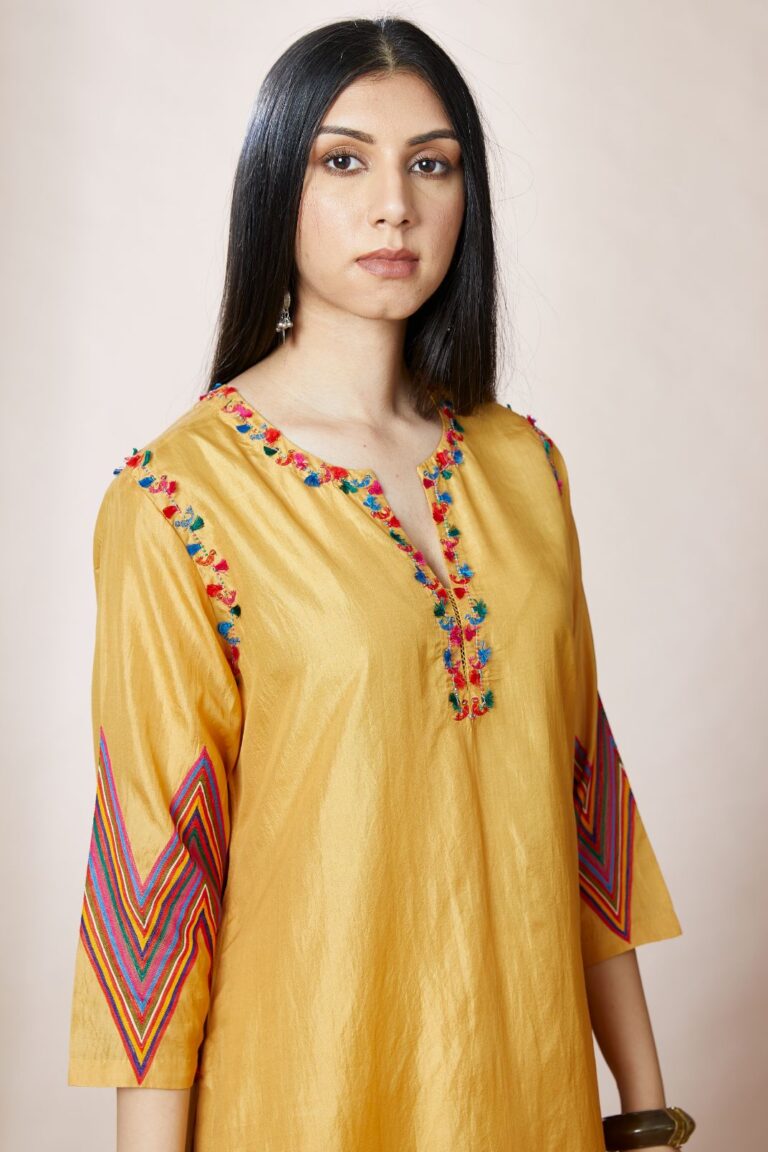 Golden yellow silk straight kurta set with multi thread chevorn embroidery