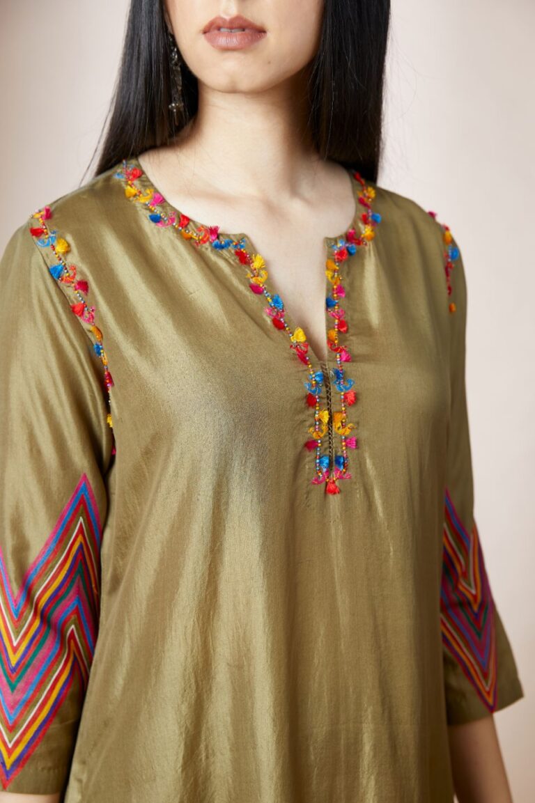 Dark Olive silk straight kurta set with multi thread chevorn embroidery