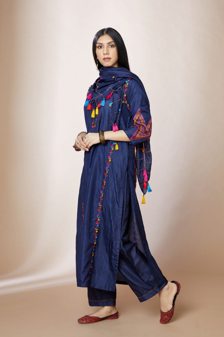 Electric blue silk straight kurta set with multi bead and tassel thread embroidery. Chevron detail at sleeves