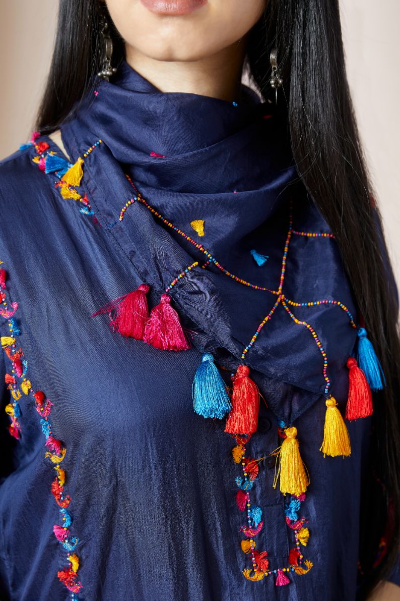 Electric blue light silk scarf with multi bead and tassel detail