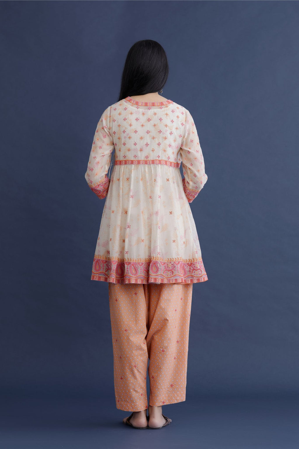 Off white hand block printed cotton Chanderi short Angrakha kurta set with all-over multi coloured beads and thread embroidery