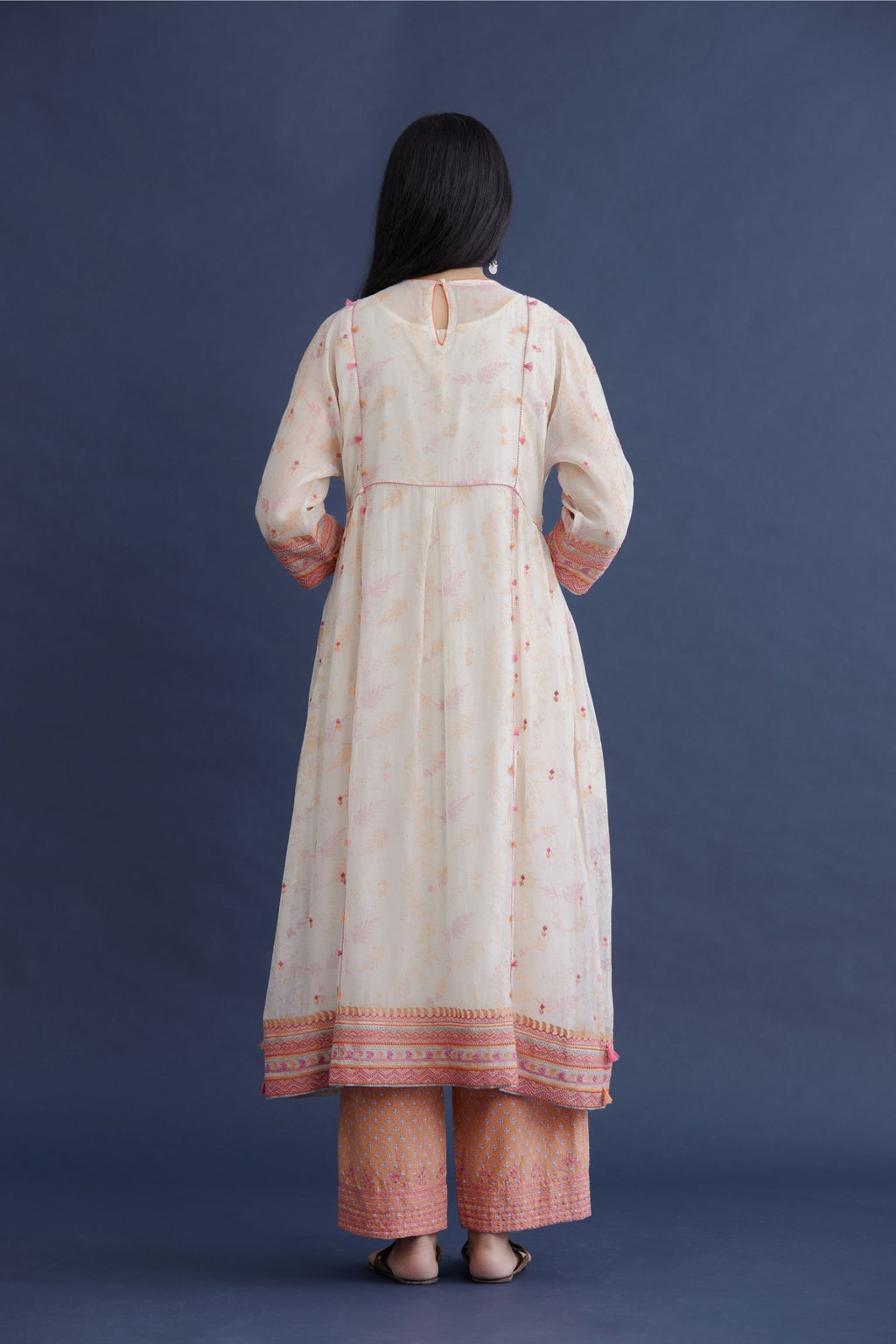 Hand block printed cotton Chanderi kurta set with cotton slip inside, highlighted with all-over pink and orange beads and thread embroidery
