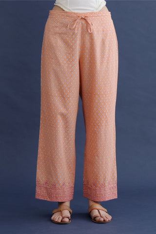 Hand block printed cotton pants with quilted embroidery at bottom hem