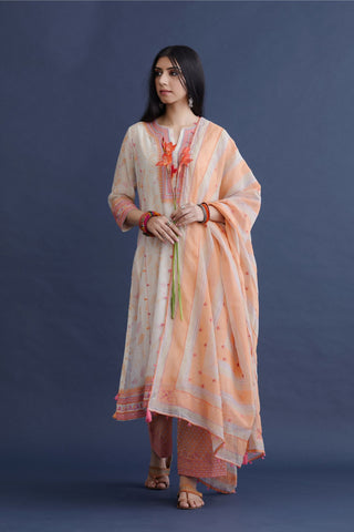 Orange and blue hand block printed cotton Chanderi dupatta with all-over delicate beads and tassels embroidery