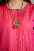 Fuchsia hand crushed silk straight kurta set with vertical organza fabric inset stripe detail in front, back and 3/4 sleeves, highlighted with contrasting top stitch.