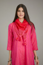 Fuchsia hand crushed silk straight kurta set with vertical organza fabric inset stripe detail in front, back and 3/4 sleeves, highlighted with contrasting top stitch.