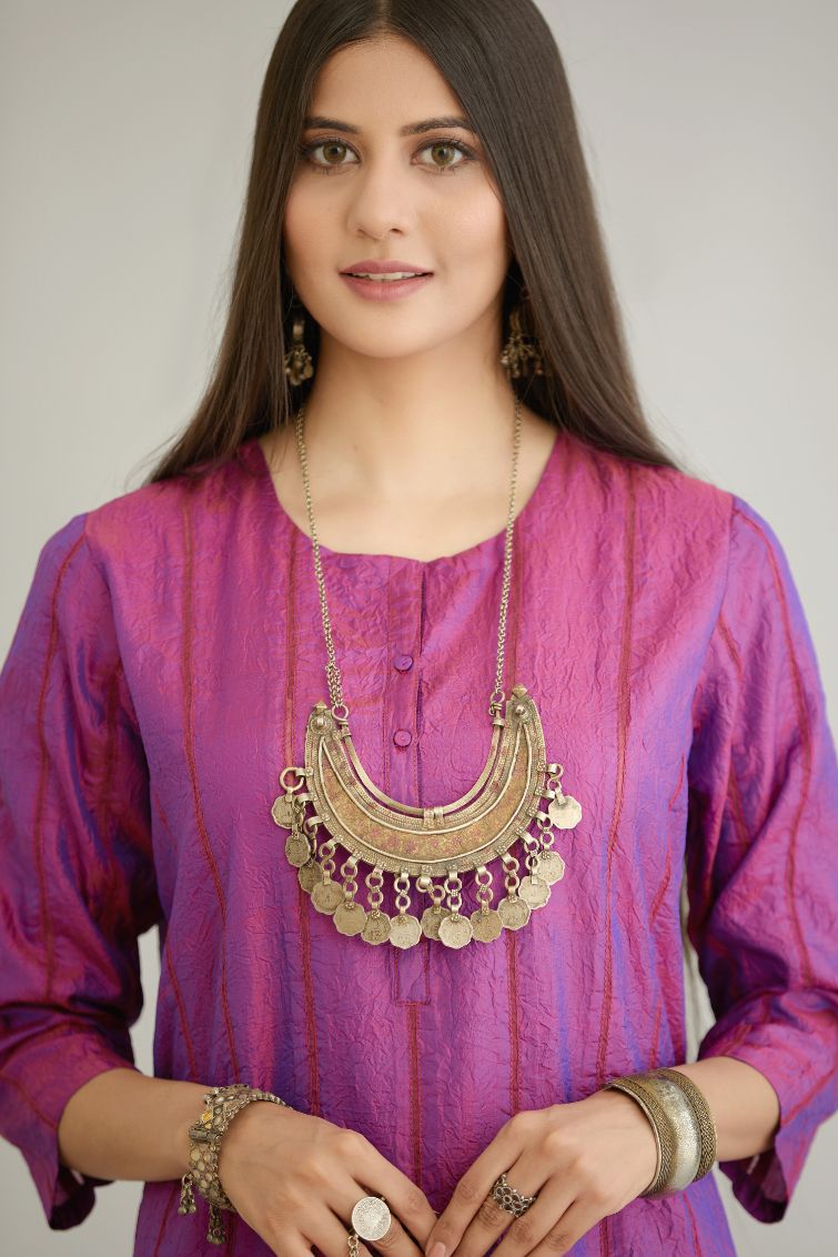 Purple hand crushed silk straight kurta set with vertical organza fabric inset stripe detail in front, back and 3/4 sleeves, highlighted with contrasting top stitch.